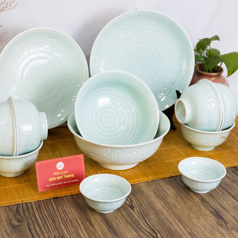 Bộ Bát Đĩa Vân Hoa Cúc Men Xanh Ngọc