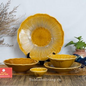 Bộ Bát Đĩa Men Nâu Vân Sen