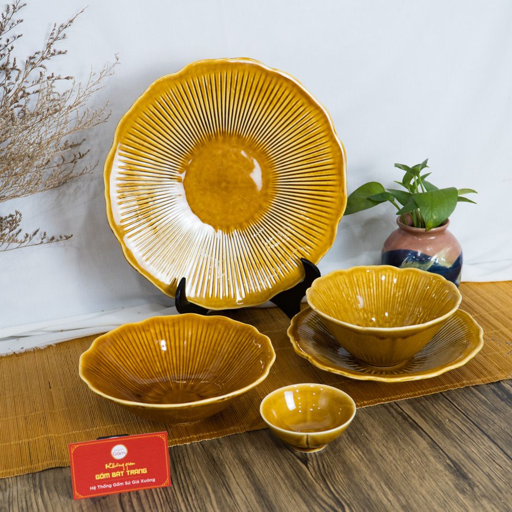Bộ Bát Đĩa Vân Sen Men Nâu